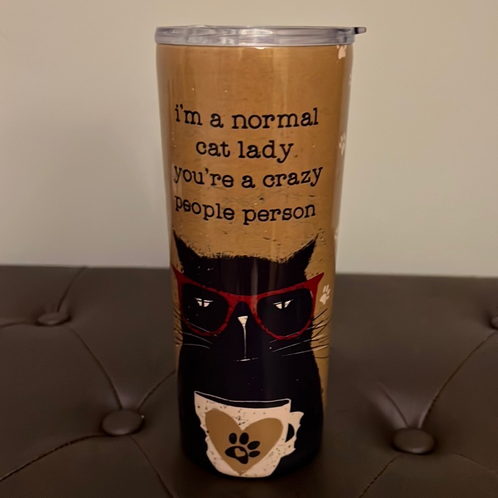 NWOT - Primitives by Kathy cup with lid, stainless steel interior. Never used.